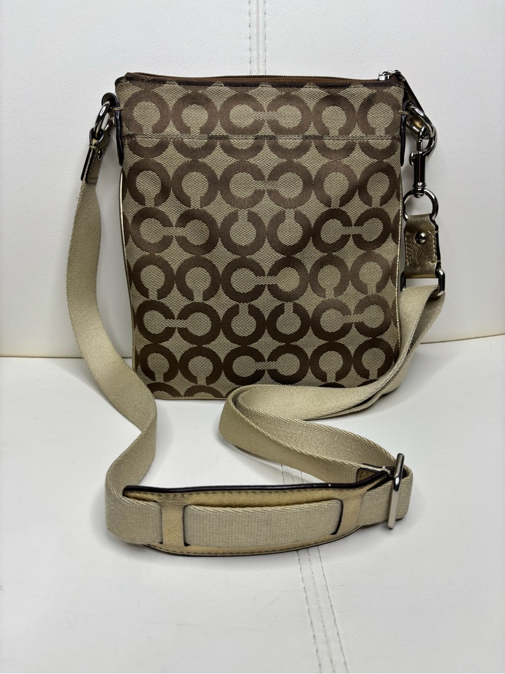 Coach Signature Stripe File Bag / Crossbody Pouch in Brown & Gold - Picture 2 of 16